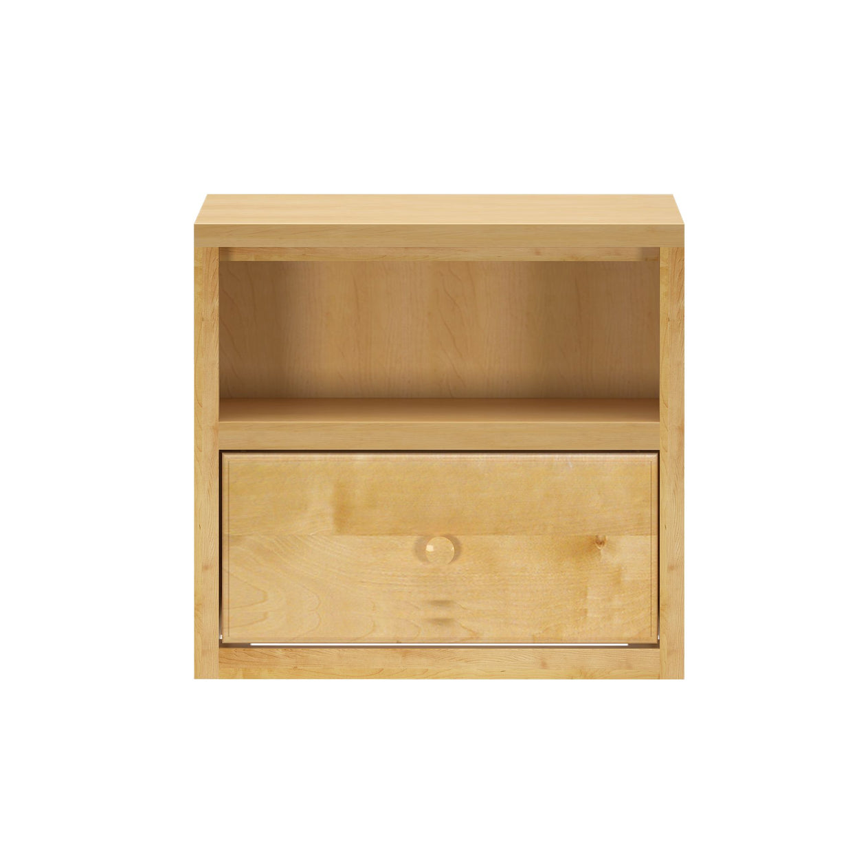 Natural wood nightstand with open shelf and drawer for bedroom storage solutions.