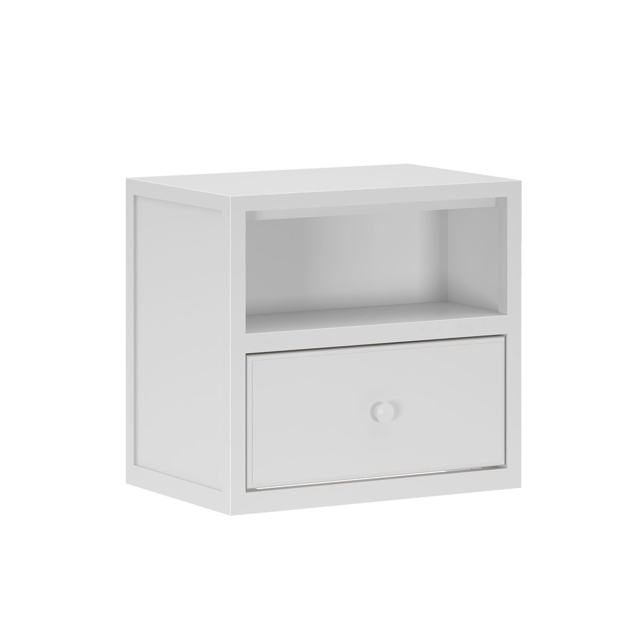 White modern wooden bedside table with open shelf and drawer for home storage solutions.