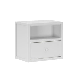 White modern wooden bedside table with open shelf and drawer for home storage solutions.