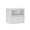 White modern bedside table nightstand with open shelf and single drawer, minimalist bedroom storage unit