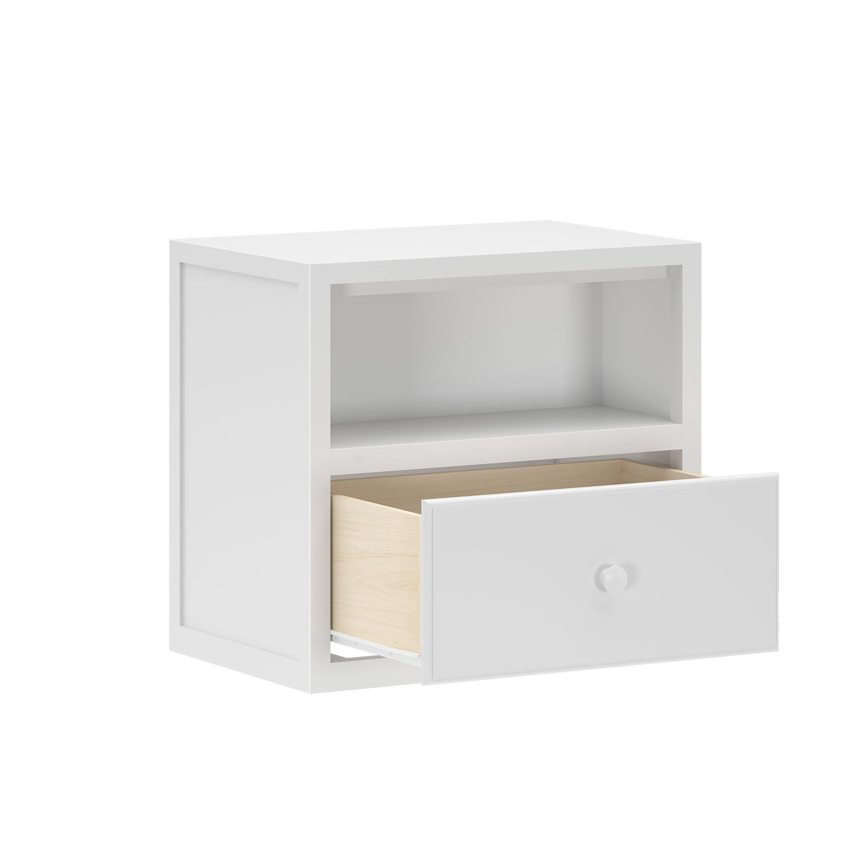 White wooden nightstand with open drawer and shelf for bedroom storage.