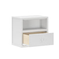 White modern bedside table nightstand with open cubby and partially open drawer showing light wood interior, bedroom storage furniture