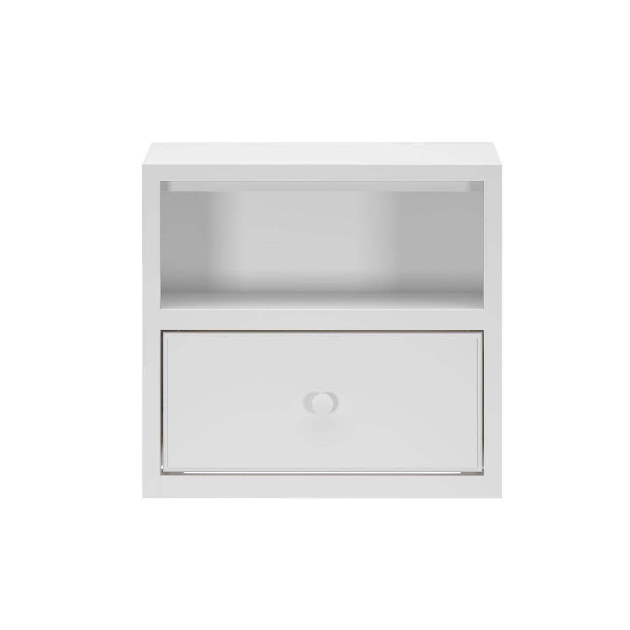 White modern wall-mounted shelf with a single drawer and open compartment.