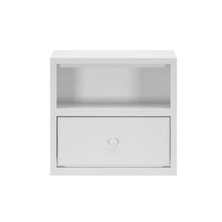 White modern wall-mounted shelf with a single drawer and open compartment.