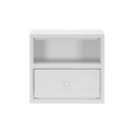 White minimalist bedside table with open cubby shelf and single knob drawer, modern nightstand with clean lines