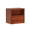 Cherry-finish wooden nightstand with open cubby shelf and single drawer with round knob, bedside storage table