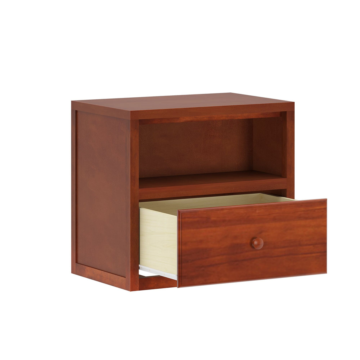 Wooden nightstand with an open drawer and shelving, classic design in rich cherry finish.