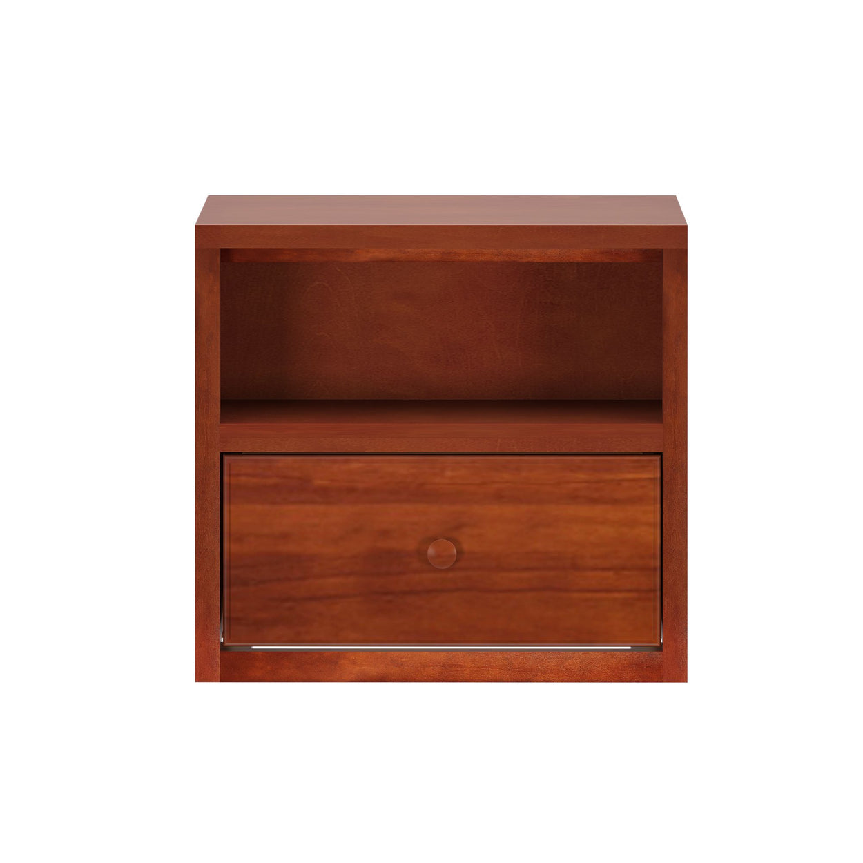 Wooden bedside table with drawer and open shelf in brown finish.