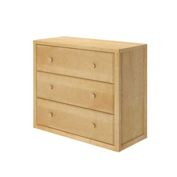 Natural wood three-drawer dresser for bedroom storage.