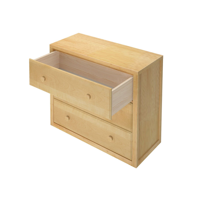 Light wood two-drawer dresser with one open drawer, maple finish bedroom storage chest