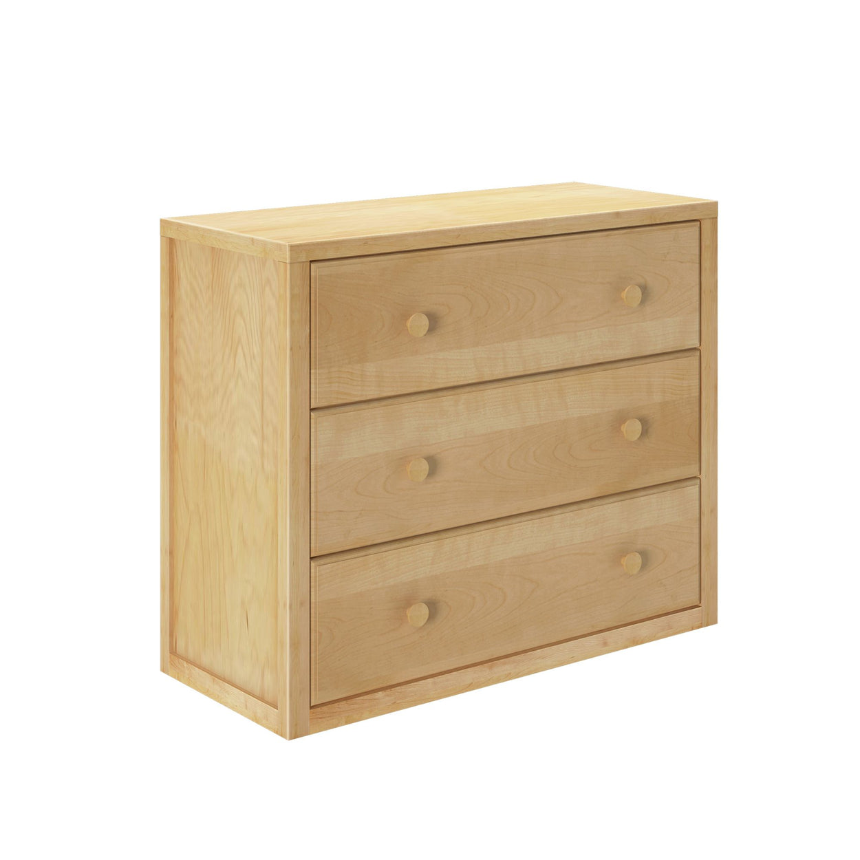 Natural wood three-drawer dresser for bedroom storage solutions.