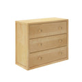 Three-drawer light wood dresser in natural maple finish with round wooden knobs, simple modern bedroom storage chest for clothes and organization