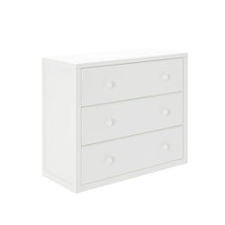 White three-drawer dresser for bedroom storage furniture.