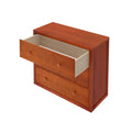 Warm cherry-finish two-drawer wooden dresser with one open drawer and round knobs, compact bedroom storage chest