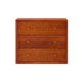 Three-drawer cherry wood dresser with round knobs, modern wooden bedroom storage chest on white background