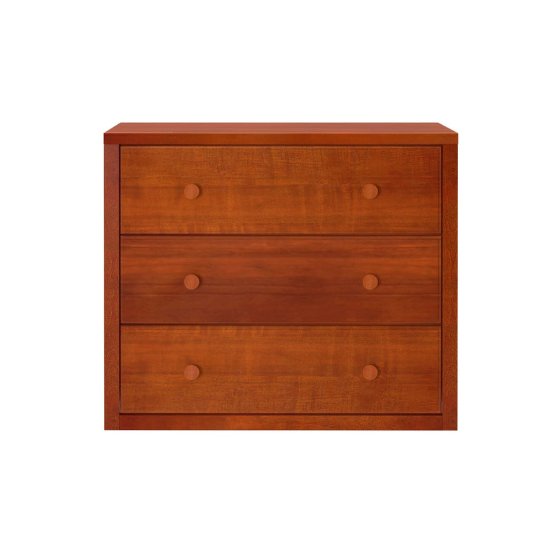 Three-drawer cherry wood dresser with round knobs, modern wooden bedroom storage chest on white background