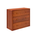 Three-drawer cherry wood dresser with round wooden knobs and warm brown finish, compact bedroom storage chest