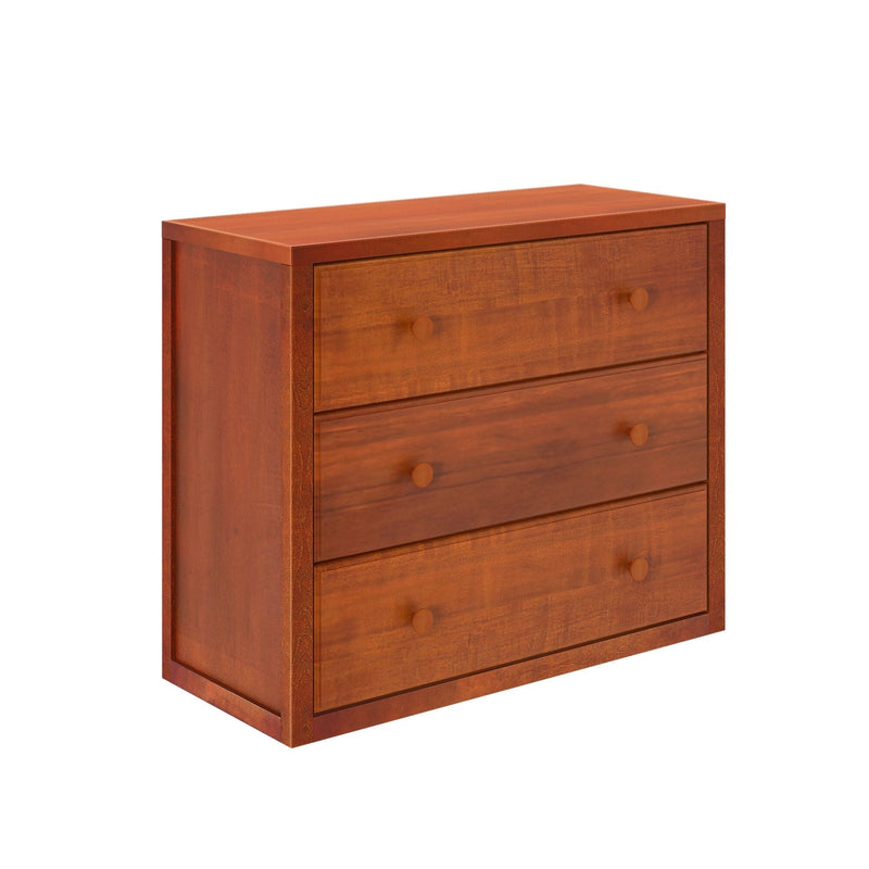 Three-drawer cherry wood dresser with round wooden knobs and warm brown finish, compact bedroom storage chest