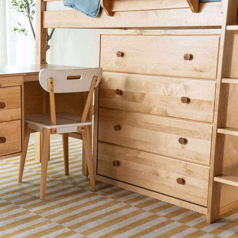 Light maple loft bed with built-in desk, white chair and multi-drawer dresser — Scandinavian kids bedroom furniture