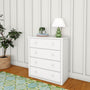 White chest of drawers with a green ceramic table lamp, small potted plant and stacked books against white board-and-batten wall on hardwood floor