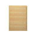 Light maple six-drawer dresser with round wooden knobs on white background, modern minimalist bedroom storage chest