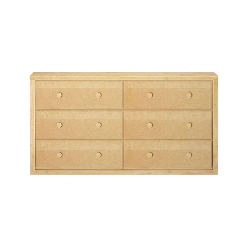 Light natural maple six-drawer dresser with round wooden knobs, minimalist bedroom storage chest