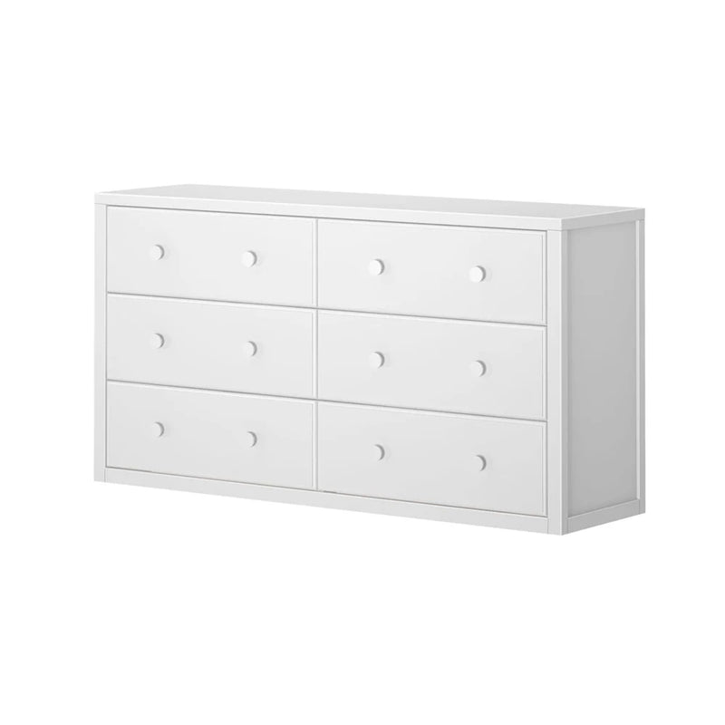 Modern white 6-drawer dresser with round knob handles, minimalist wooden bedroom storage cabinet for clothes