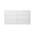 Minimalist white six-drawer wooden dresser with round knob handles, low-profile wide bedroom storage cabinet for modern decor