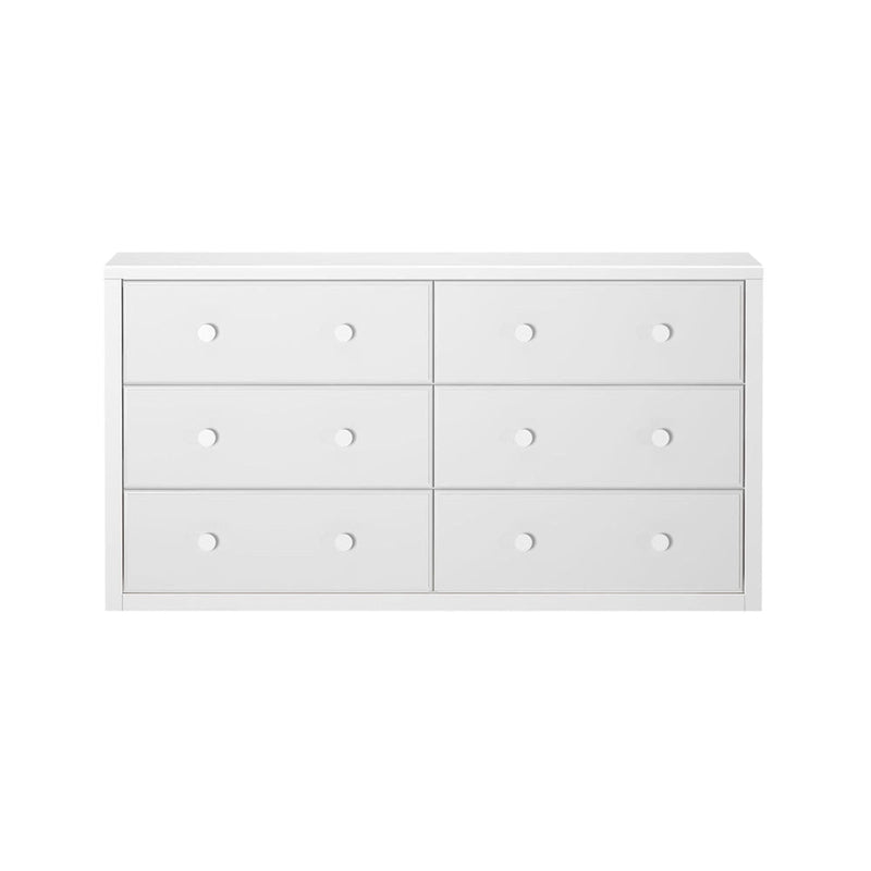 Minimalist white six-drawer wooden dresser with round knob handles, low-profile wide bedroom storage cabinet for modern decor
