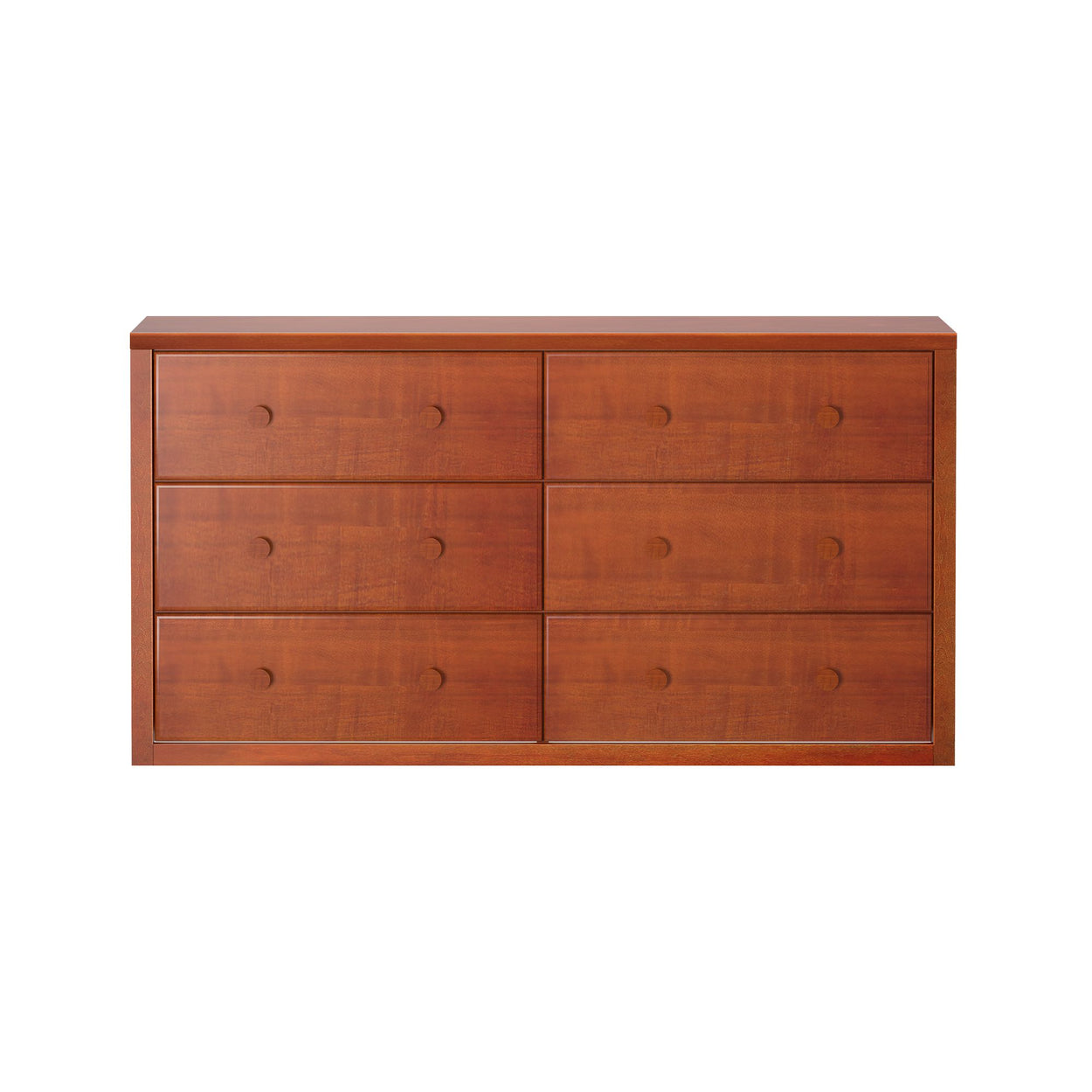 Wooden six-drawer dresser with a sleek design in a warm brown finish.