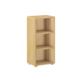 Wooden three-shelf bookcase on a white background.