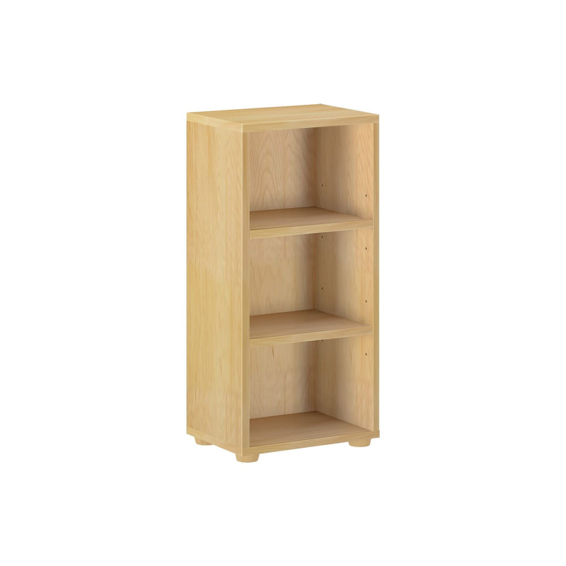 Wooden three-shelf bookcase on a white background.
