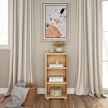 Minimalist living room interior with modern abstract art, wooden shelf, decorative items, and neutral curtains.
