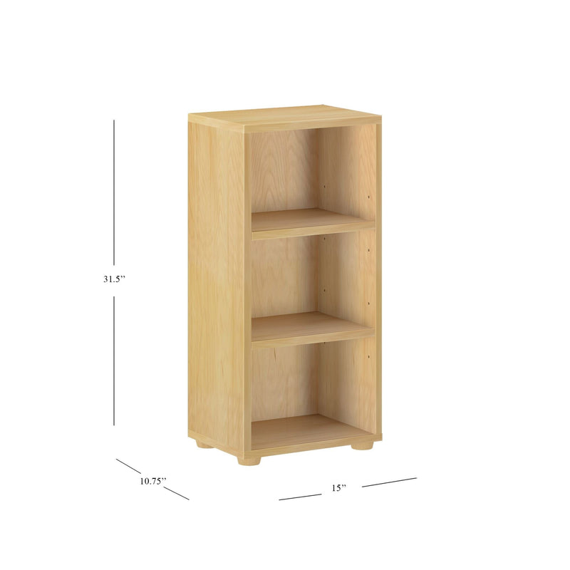Small natural wooden bookcase with three shelves, 31.5 inches tall, perfect for home or office storage.