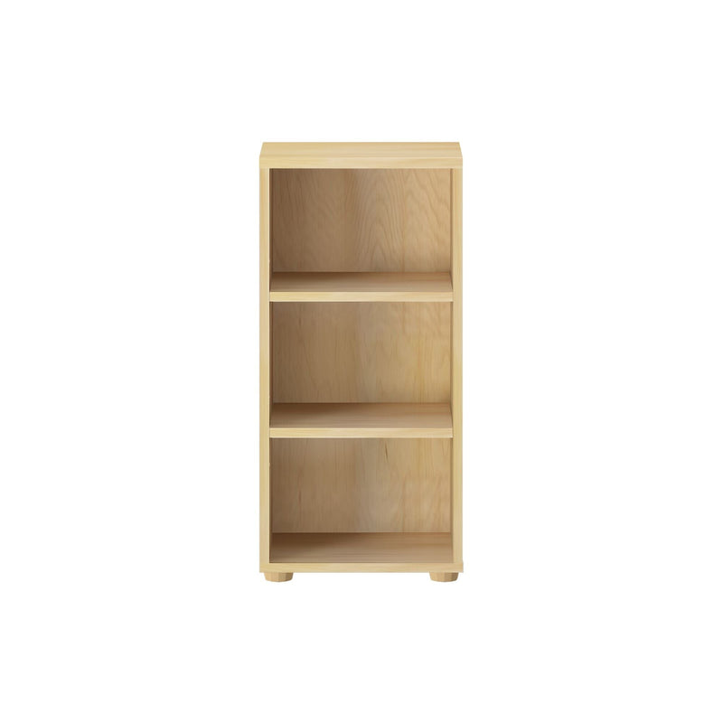 Wooden three-shelf bookcase on a white background.