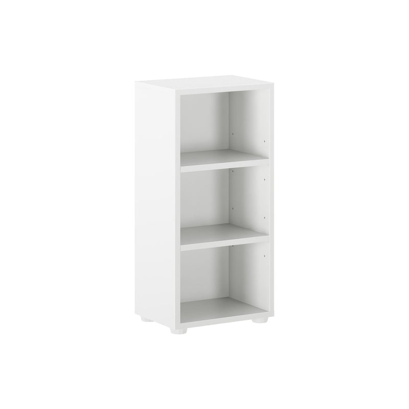 White three-shelf bookcase, ideal for home or office storage and organization.