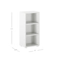 White three-shelf bookcase with dimensions 31.5" height, 15" width, 10.75" depth, perfect for home or office storage.
