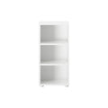 White three-shelf bookcase standing against a plain white background, ideal for modern home or office storage solutions.
