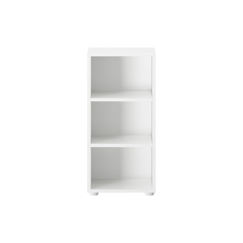 White three-shelf bookcase standing against a plain white background, ideal for modern home or office storage solutions.