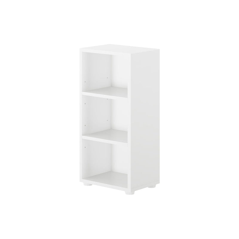 White three-shelf bookcase for home or office storage solutions.