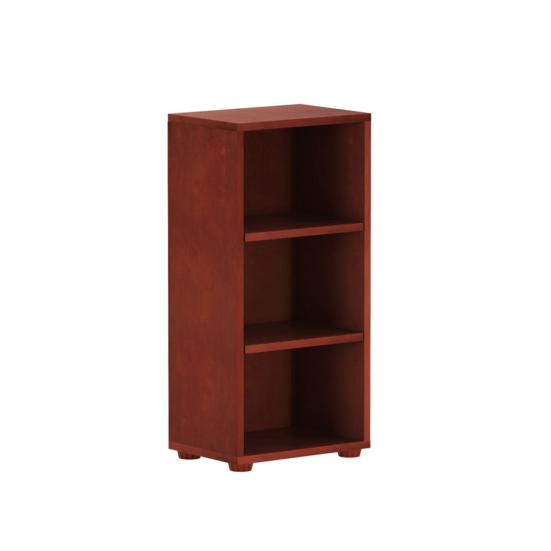 Three-shelf wooden bookcase with a dark cherry finish.
