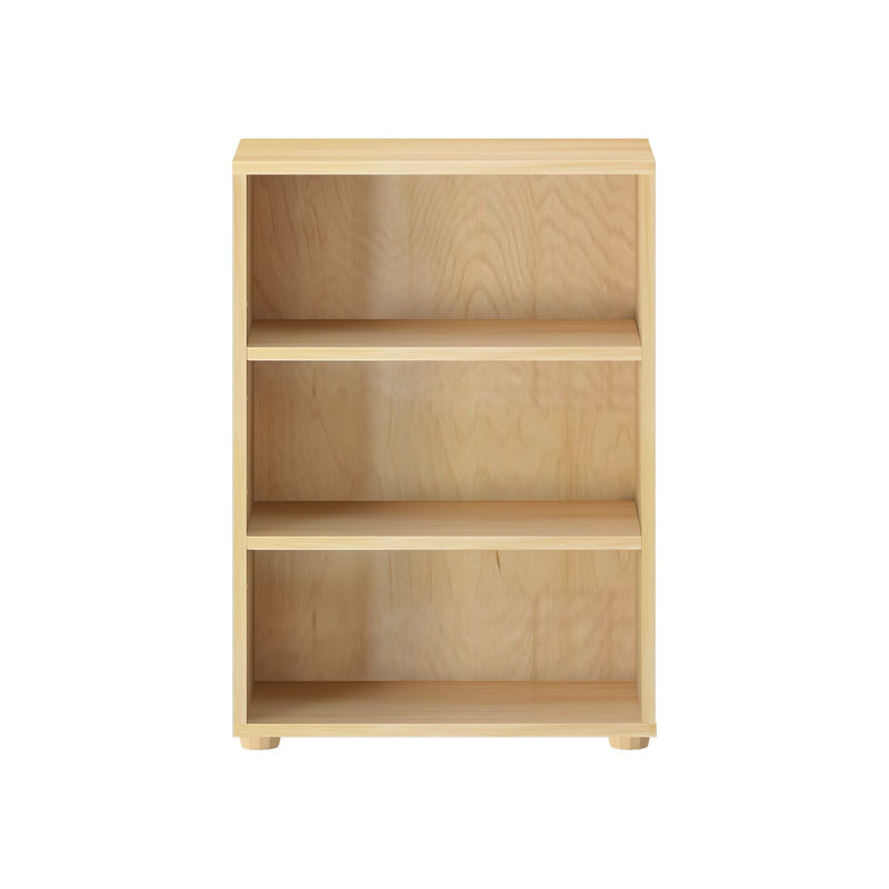 Natural wood three-tier bookshelf on a white background, ideal for home storage and organization solutions.