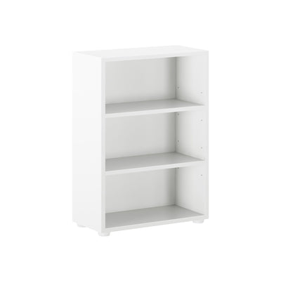 White wooden three-shelf bookcase for home or office organization.