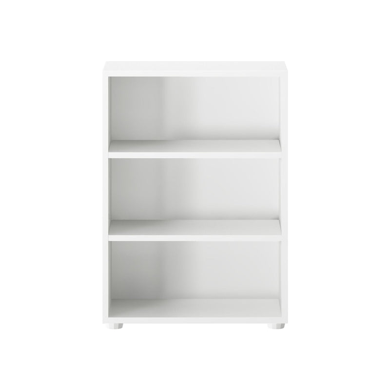 White three-tier bookshelf for modern home organization and storage solutions.