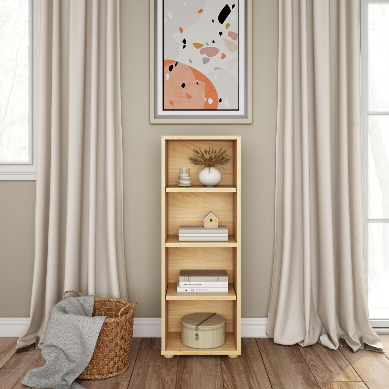 Minimalist living room with wooden shelf, decorative vases, books, basket, and abstract wall art.