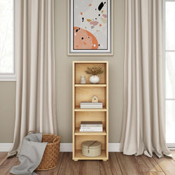 Minimalist living room with wooden shelf, decorative vases, books, basket, and abstract wall art.