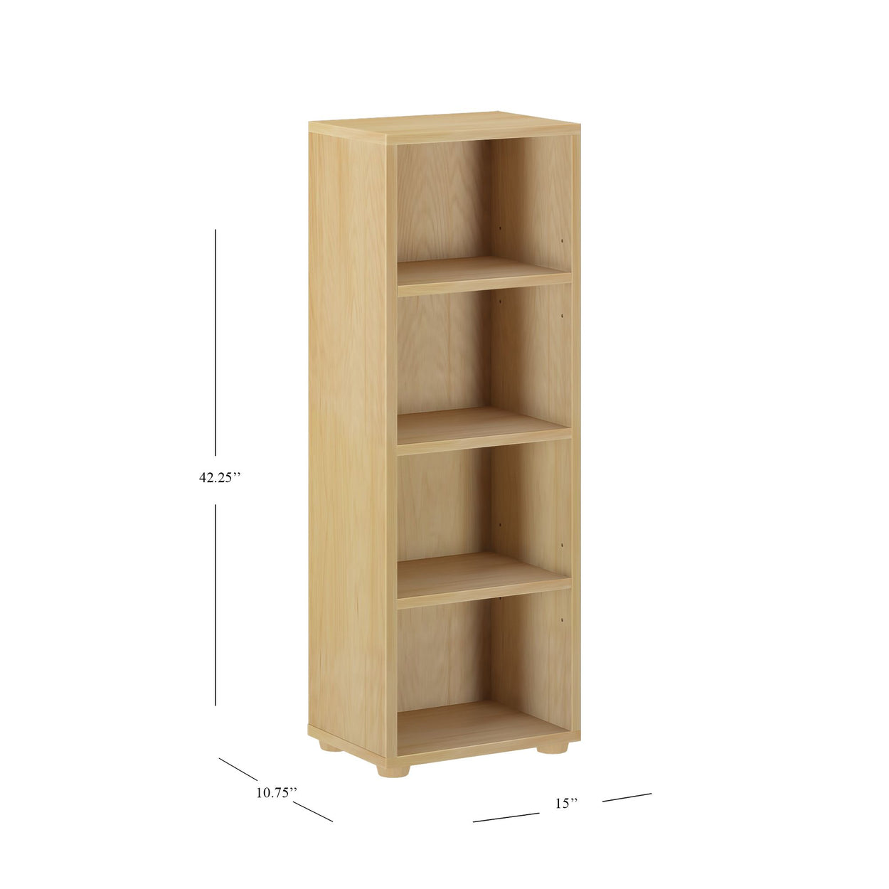 Wooden four-shelf bookcase with dimensions 42.25 inches high, 15 inches wide, and 10.75 inches deep.