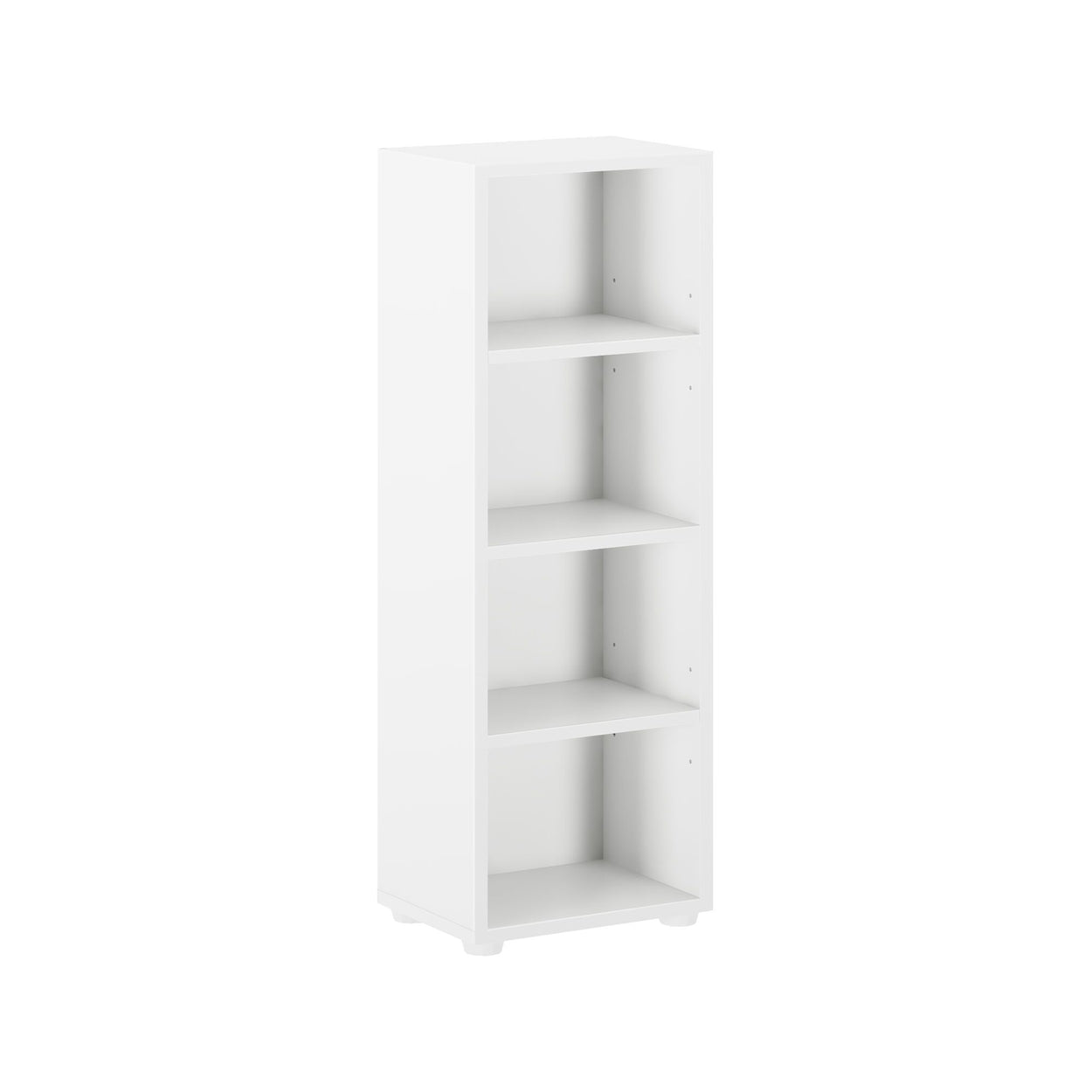 Tall white shelving unit with four open shelves, ideal for home organization and storage.