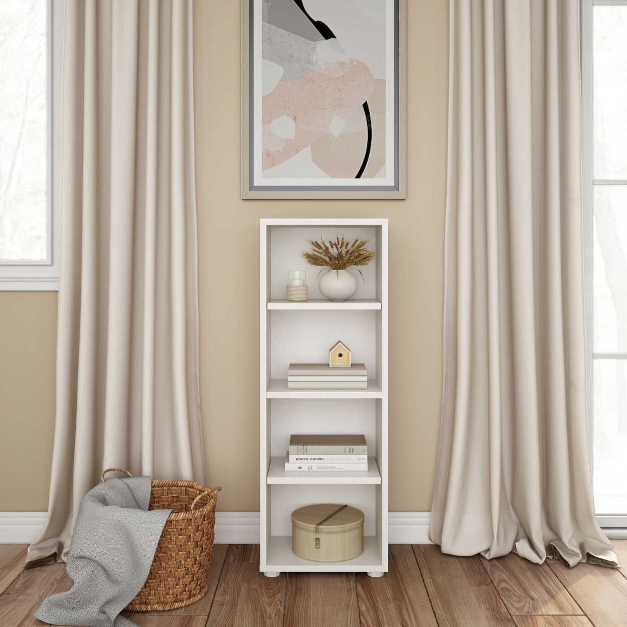 Modern living room with white bookshelf, decorative items, and neutral curtains.
