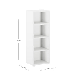 Tall white wooden bookcase with four shelves, measuring 42.25 inches in height, 15 inches in width, and 10.75 inches in depth.